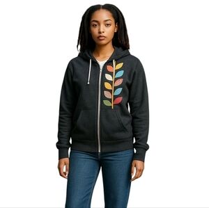 Anna Joyce Women Small Patterned Leaf Print Gray Full Zip Hoodie Jacket